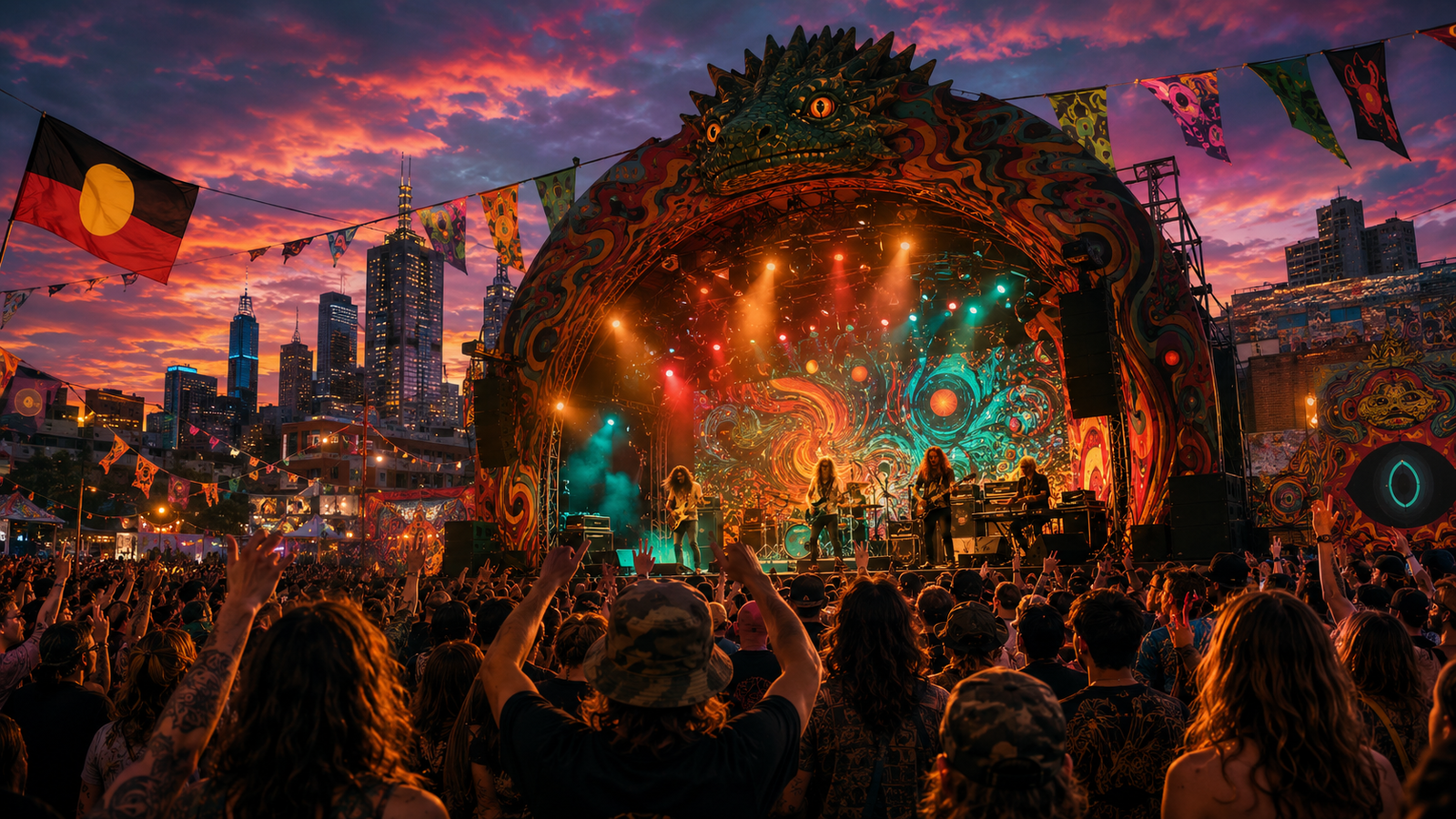 Crowd watching a psychedelic outdoor concert stage at sunset for a King Gizzard and the Lizard Wizard tour story