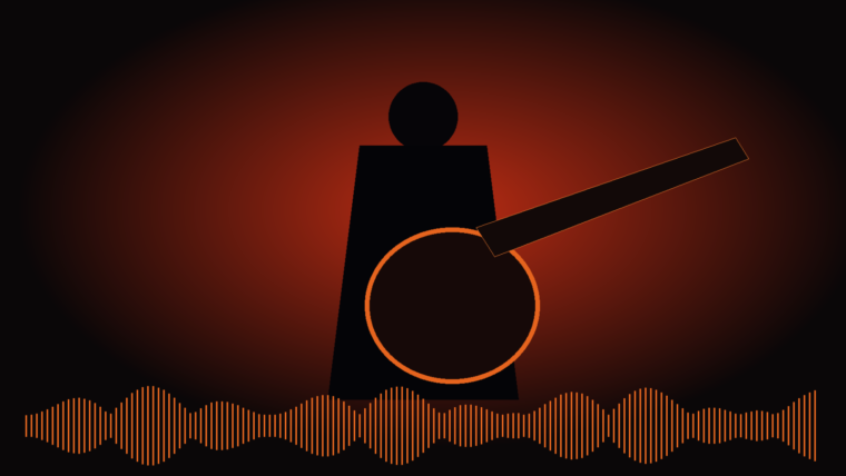 Original editorial illustration of a lone guitarist beneath red stage lights with a dark crowd and glowing waveform