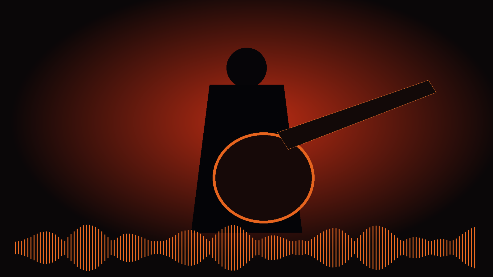 Original editorial illustration of a lone guitarist beneath red stage lights with a dark crowd and glowing waveform