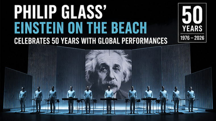 Original 45Audio editorial image of a minimalist blue-lit opera stage with an ensemble of performers and a large Einstein portrait