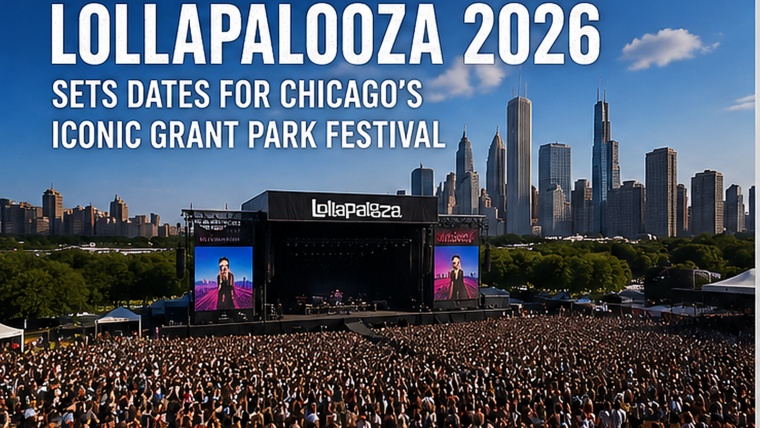 Original 45Audio editorial image of a massive Lollapalooza-style festival crowd and stage in Chicago’s Grant Park beneath the city skyline