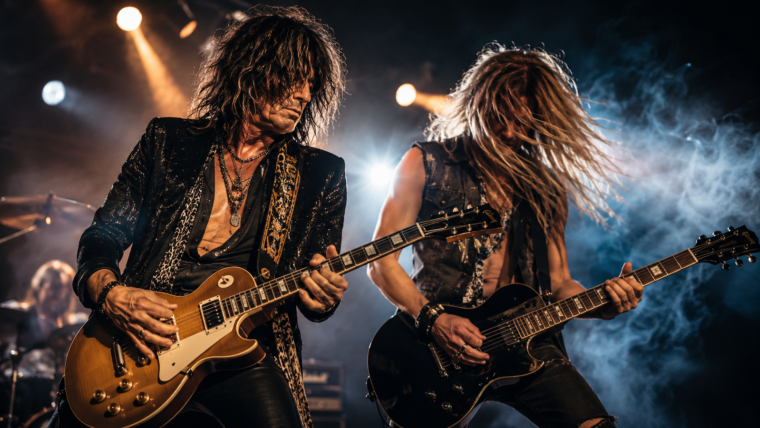 Two hard-rock guitarists performing under smoky stage lights for a Def Leppard Phil Collen story