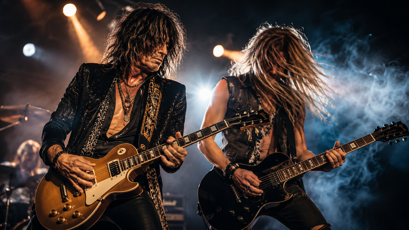 Two hard-rock guitarists performing under smoky stage lights for a Def Leppard Phil Collen story