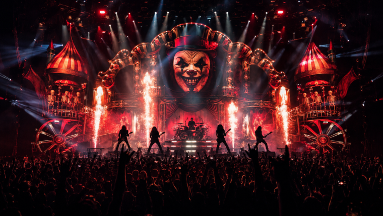 Huge red carnival-themed rock stage with pyrotechnics and a crowd for a Mötley Crüe tour story