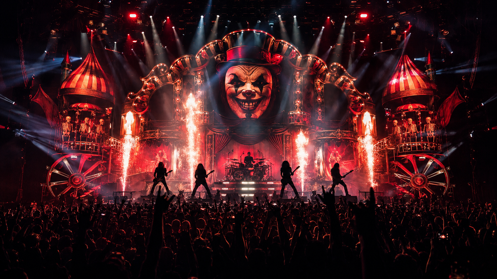 Huge red carnival-themed rock stage with pyrotechnics and a crowd for a Mötley Crüe tour story