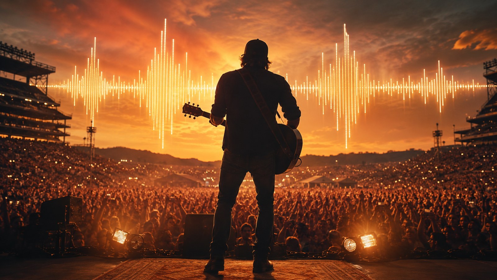 Country singer silhouette on a stadium stage at sunset with a glowing soundwave above a massive crowd for a Morgan Wallen chart story