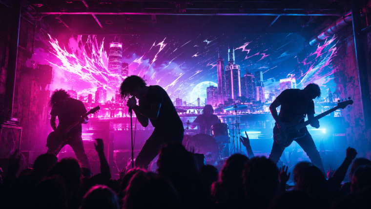Post-hardcore band performing live in neon pink and blue light with a stylized city backdrop for a Death in Venice story