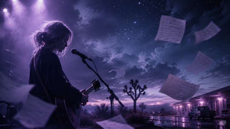 Editorial illustration of a singer-guitarist under a violet desert night sky with handwritten pages floating in the air for a Phoebe Bridgers album news story