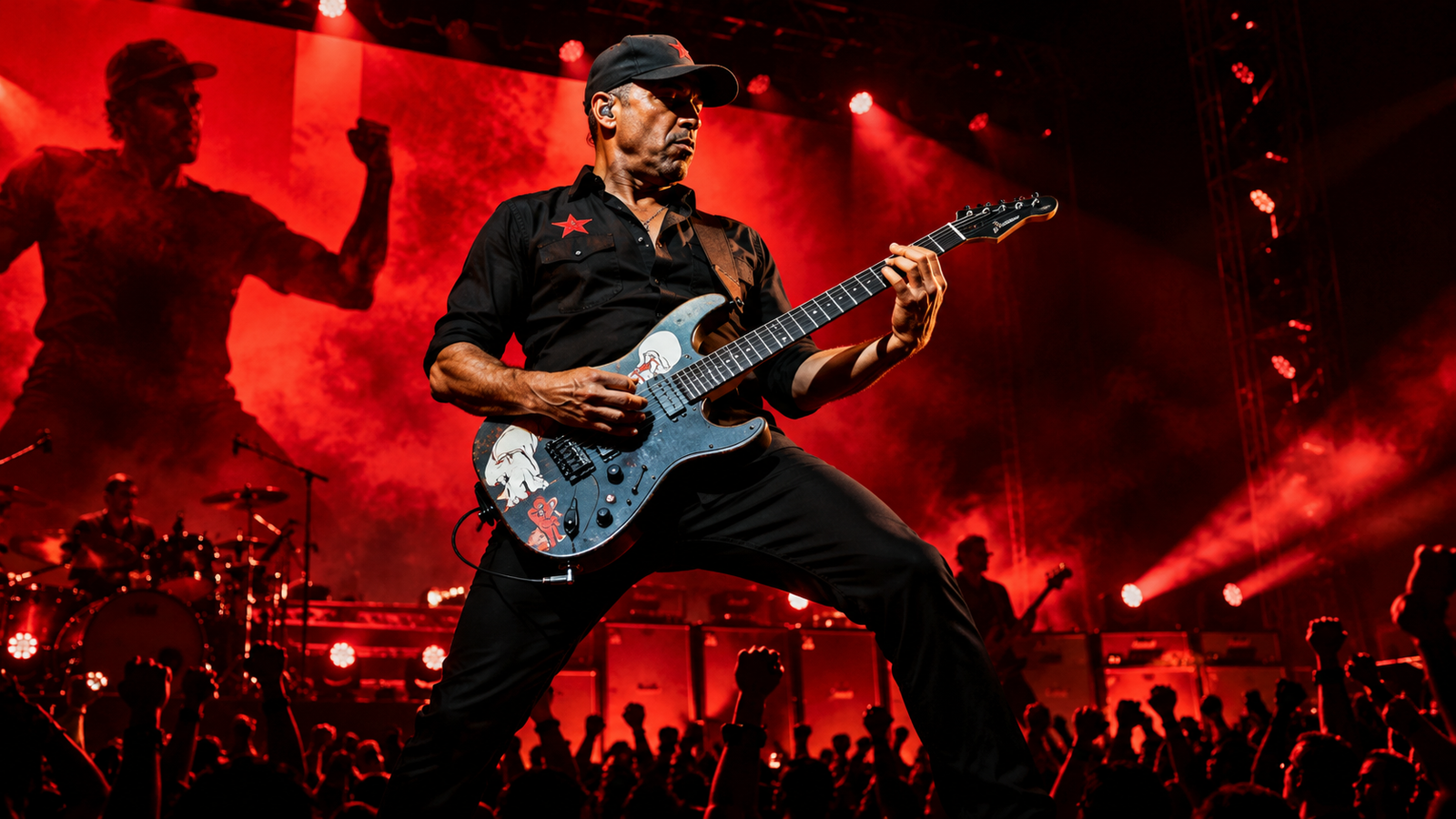 Editorial illustration of a guitarist powering through a red-lit arena stage as a crowd erupts beneath towering lights for a Tom Morello news story