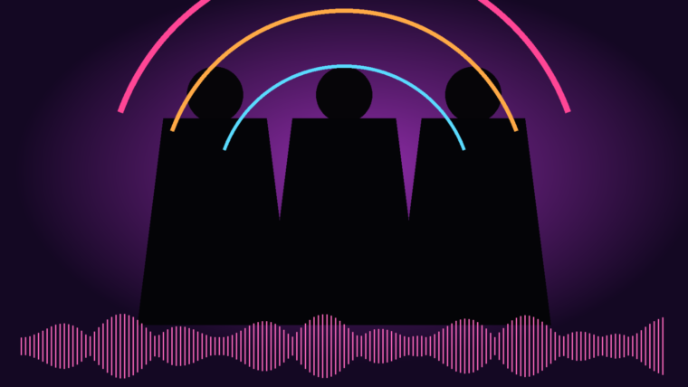 Original editorial illustration of three pop performers framed by pink and blue light with a glowing waveform
