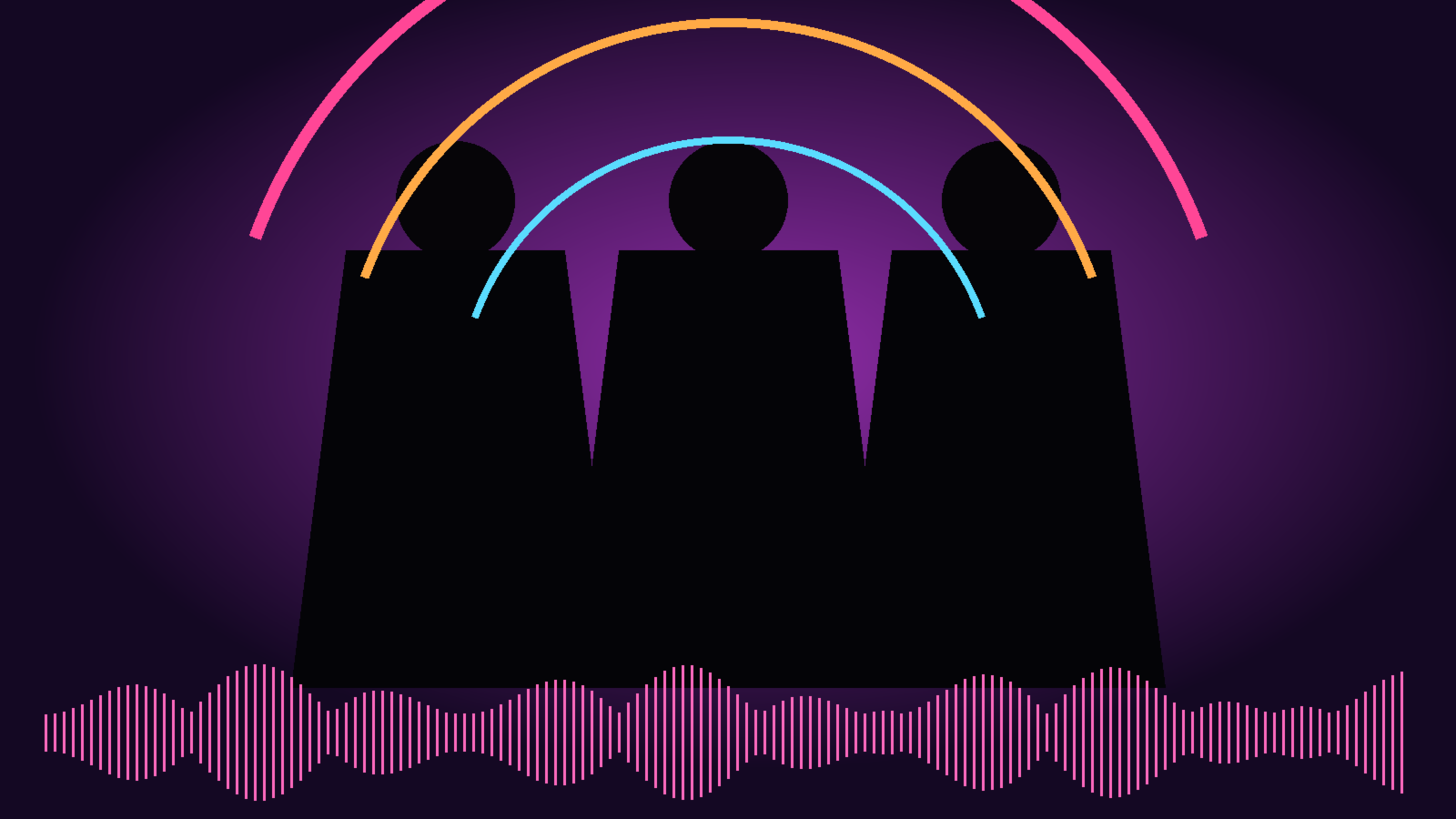 Original editorial illustration of three pop performers framed by pink and blue light with a glowing waveform