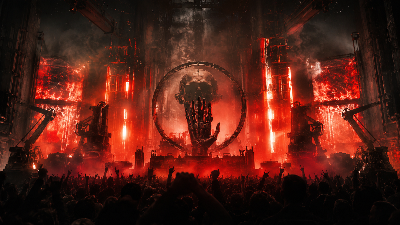 Dark industrial concert scene with a massive red-lit stage for a Ministry news story