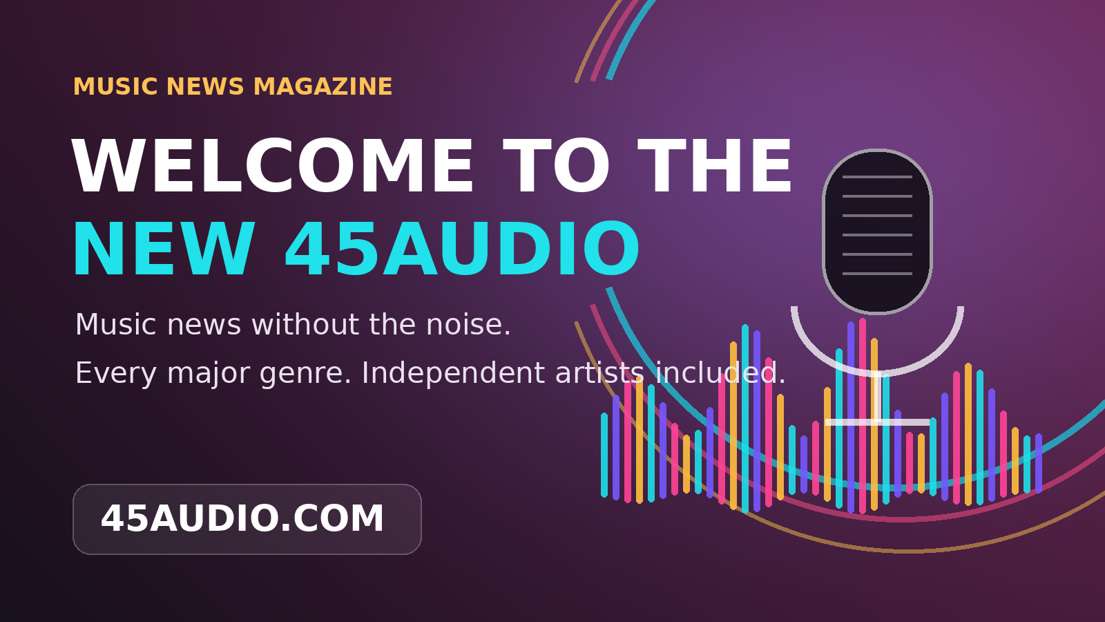 The new 45Audio Music News Magazine with colorful sound waves and an editorial microphone