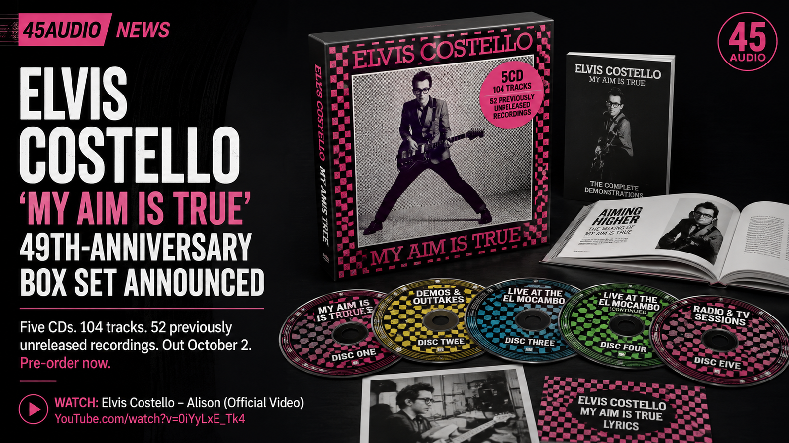 Original photorealistic 45Audio editorial artwork depicting a deluxe five-disc rock box set, booklets and archival recording materials arranged in a dark studio.