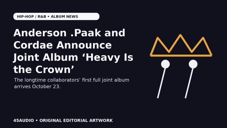 Original 45Audio illustration of a glowing crown and two microphones representing Anderson .Paak and Cordae’s joint album Heavy Is the Crown.