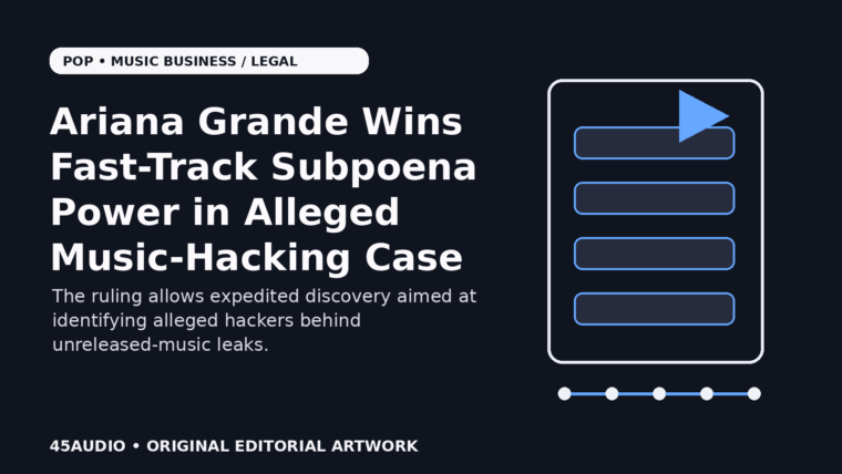 Original 45Audio illustration of secured digital files and connected network nodes representing Ariana Grande’s expedited subpoena ruling.
