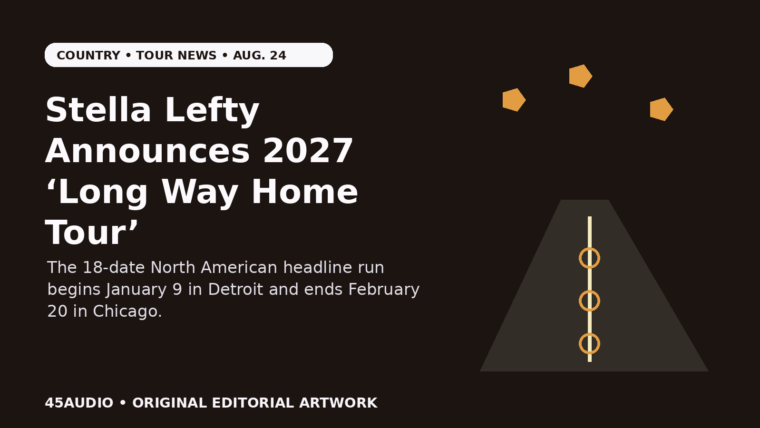Original 45Audio country-tour illustration of an open road, stars and route markers representing Stella Lefty’s 2027 Long Way Home Tour.