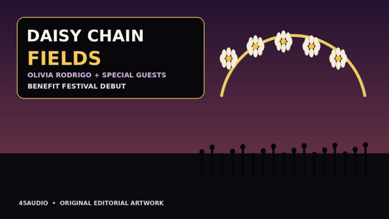 Original 45Audio festival artwork with a sunset stage, daisy-chain arch and crowd silhouettes for Olivia Rodrigo’s Daisy Chain Fields.