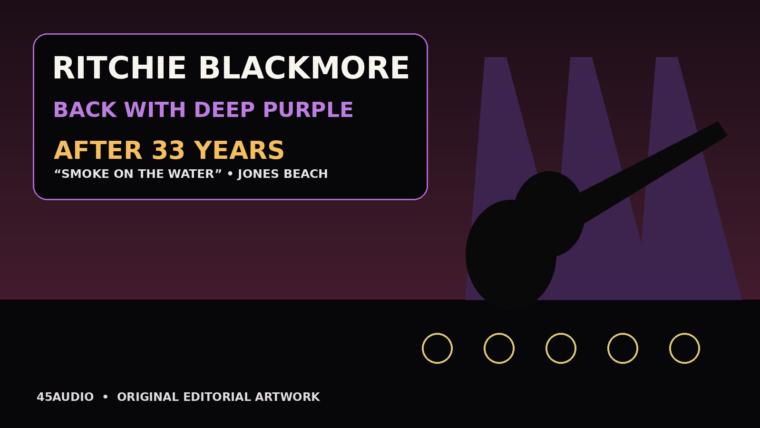 Original 45Audio dark-purple stage artwork with spotlights and a guitar silhouette representing Ritchie Blackmore’s reunion with Deep Purple.