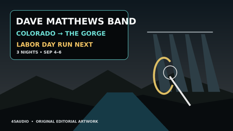 Original 45Audio artwork showing a canyon-style concert landscape, stage lights and abstract instrument shapes for Dave Matthews Band’s road to The Gorge.
