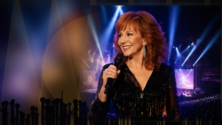 Original 45Audio photo-style editorial artwork of a country singer performing under warm arena spotlights before a packed crowd