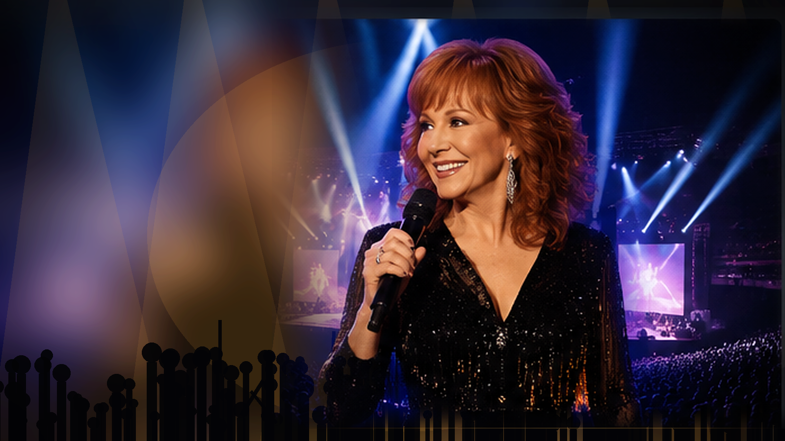 Original 45Audio photo-style editorial artwork of a country singer performing under warm arena spotlights before a packed crowd