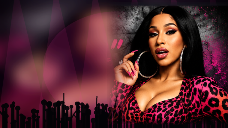 Original 45Audio photo-style editorial artwork of a female hip-hop performer on a neon-lit arena stage before a packed crowd
