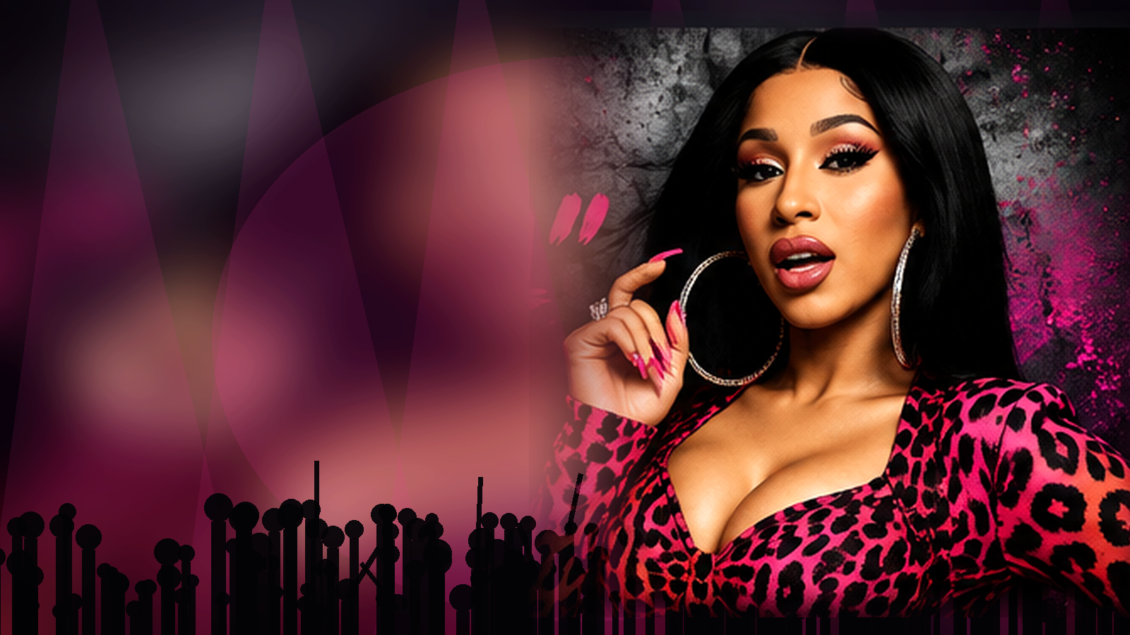 Original 45Audio photo-style editorial artwork of a female hip-hop performer on a neon-lit arena stage before a packed crowd