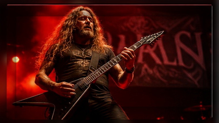 Original 45Audio photo-style editorial image of a veteran heavy-metal guitarist performing beneath intense red stage lighting.