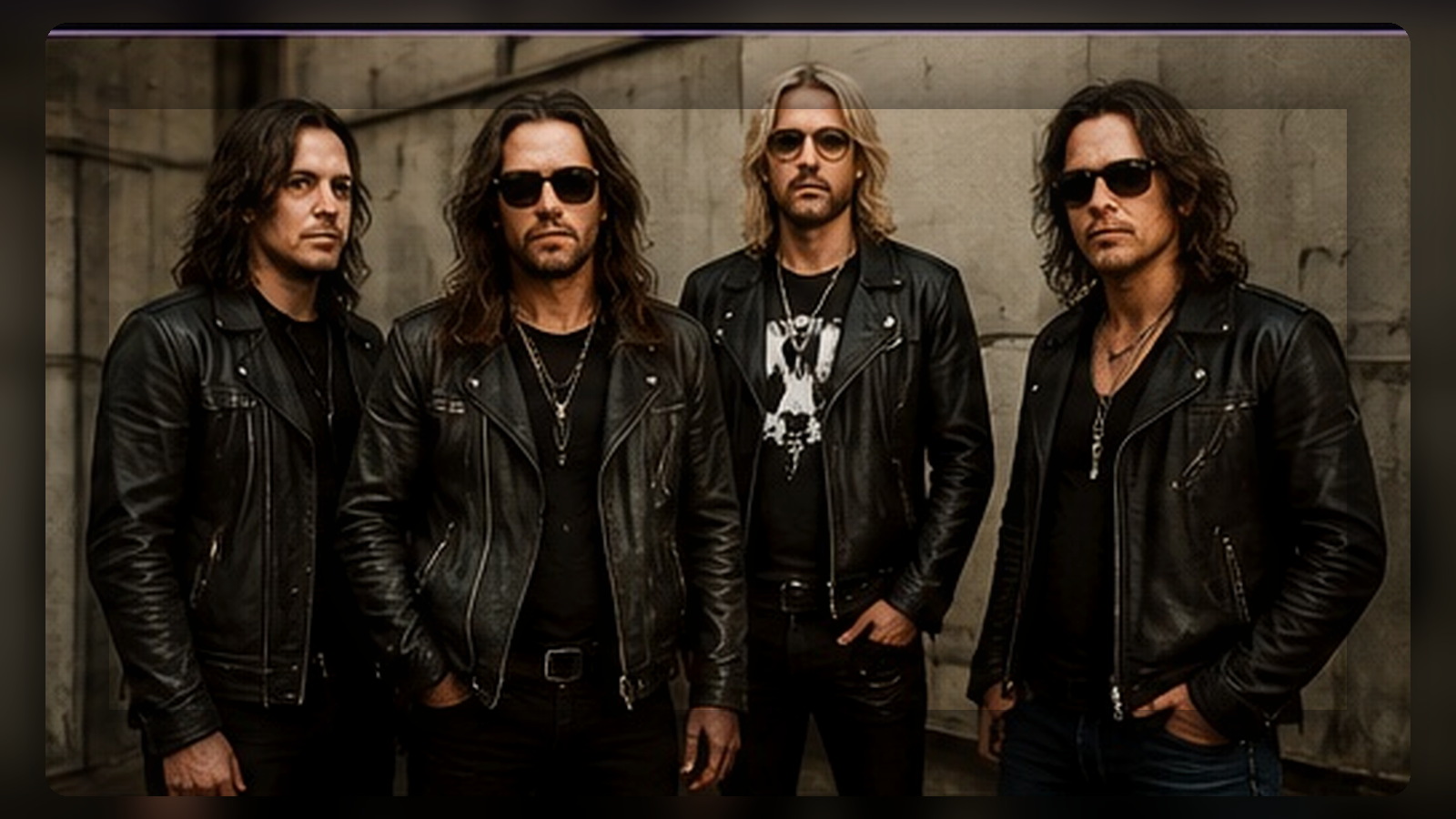 Original 45Audio photo-style editorial image of a four-piece modern hard-rock band wearing black leather and posing against an industrial wall.