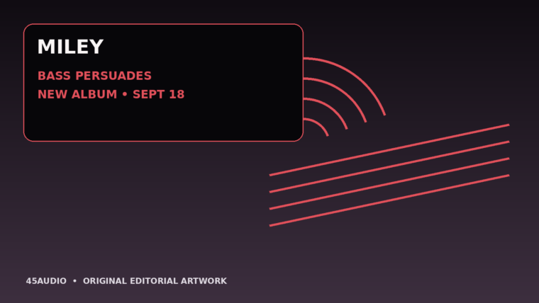 Original 45Audio pop artwork with abstract bass strings and sound-wave arcs for Miley’s “Bass Persuades.”